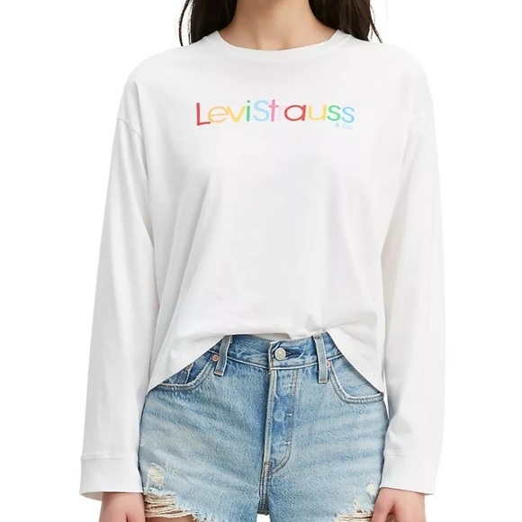 Levi's Tops - Levi’s Rainbow Logo Long Sleeve Tee White Drop Shoulder Crop Top Large NWT